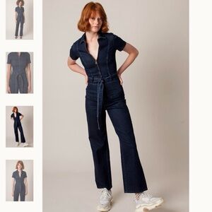 Rachel Antonoff Sal Denim Jumpsuit Size 0 Dark Blue Flare Short Sleeve Boho Chic